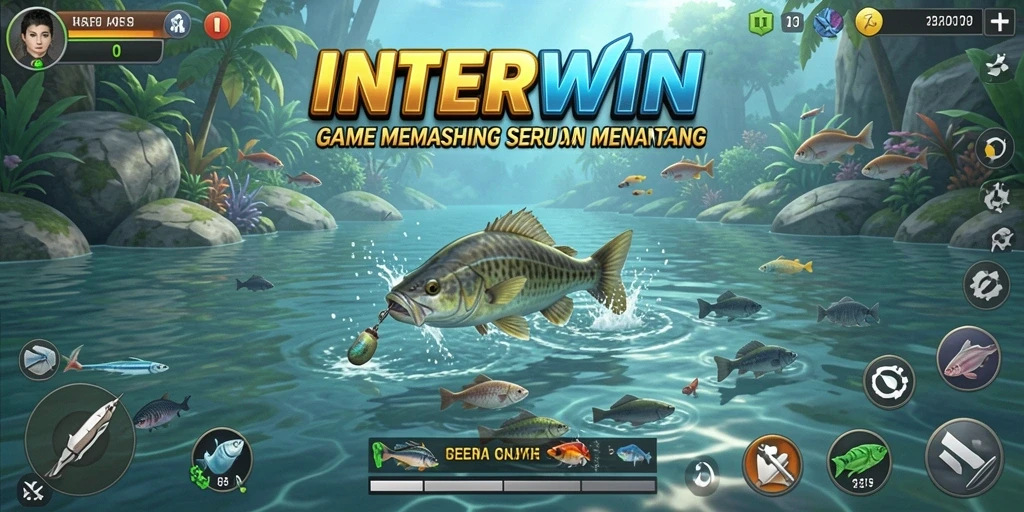 Screenshot INTERWIN menampilkan aksi seru memancing di alam.