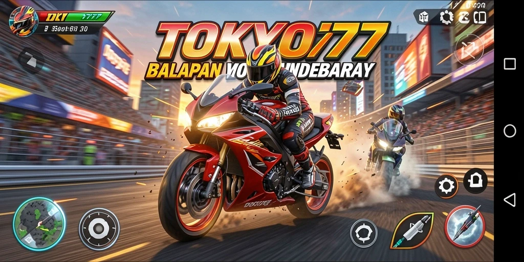 Screenshot gameplay TOKYO77 dengan balapan motor seru di Tokyo.